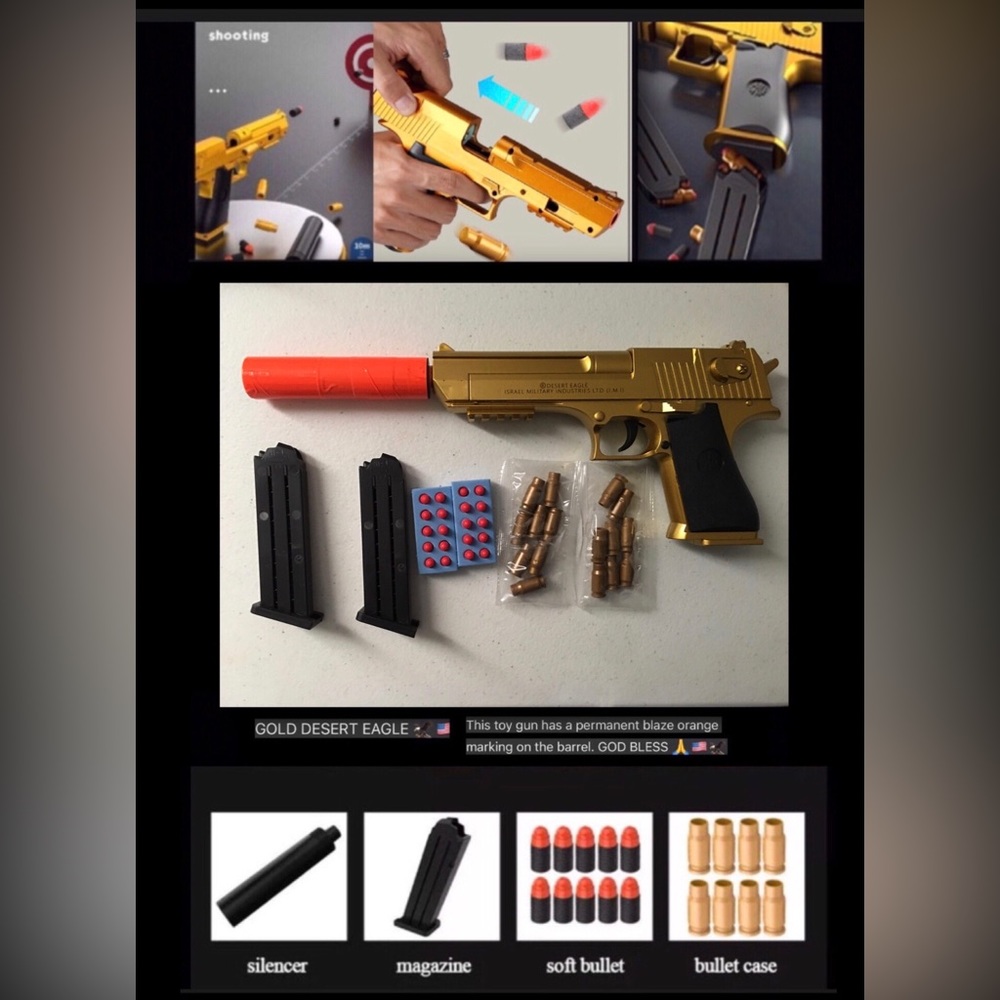 Toy🔫 🎯Gold Desert Eagle Shell Ejection Soft Bullet 2 MAGAZINES, EXTRA AMMO